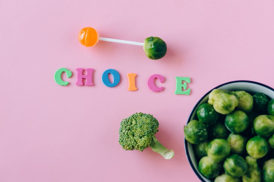 Colorful depiction of healthy and sweet food choices on pink backdrop.