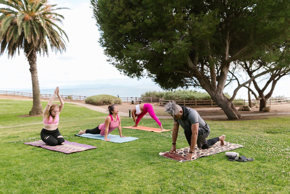 A diverse group of adults doing yoga outdoors in a green park on a sunny day.